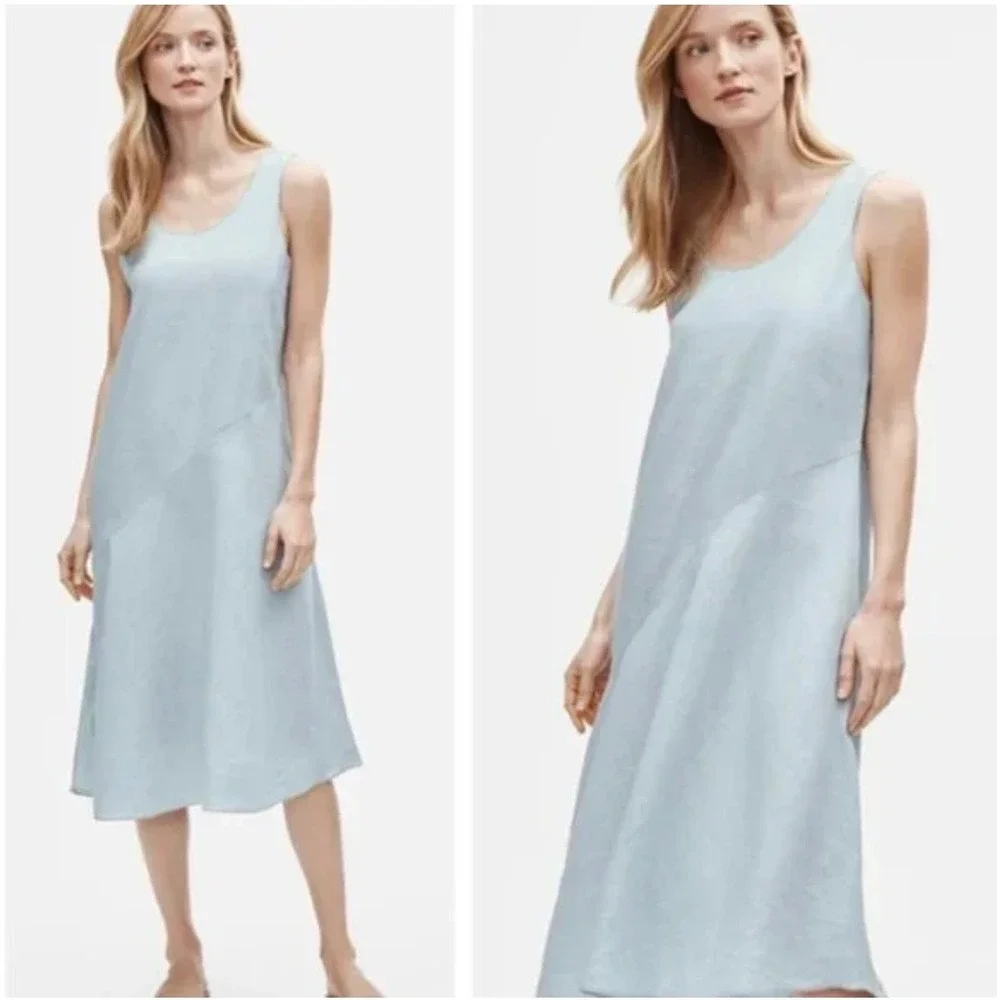 NWT Eileen Fisher Blue Organic Linen Scoop Neck Handkerchief Tank Slip Dress S‎